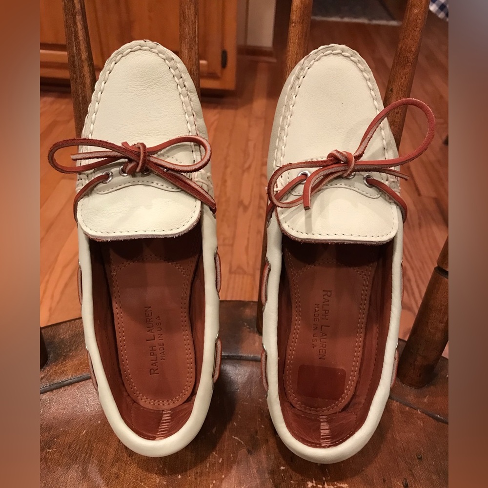 Ralph Lauren White and Brown Leather Moccasin Driving Loafers